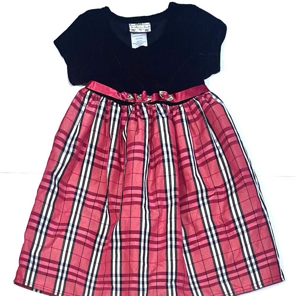 Brooke Lindsay Girls Christmas Black Velvet Top Plaid Taffeta Short Sleeve Dress